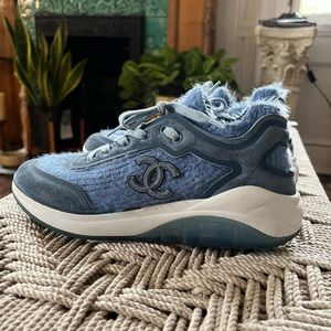 Chanel blue suede calfskin stretch fabric CC sneakers